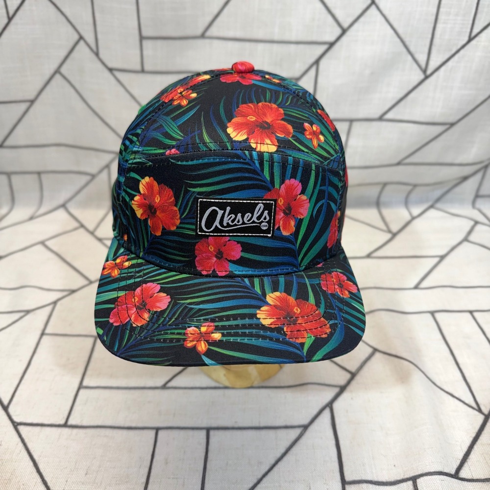 Aksels 5 Panel Hat OSFM Black Tropical Hibiscus Floral Snapback Cap